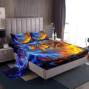Erosebridal Monster Bed Sheets Set Magic Dragon Sheet Set for Boys Kids Men, Magical Wildlife Animal Print Bedding Twin Size Lightning Fire Anime Sheets, Monster Theme Bedding Set