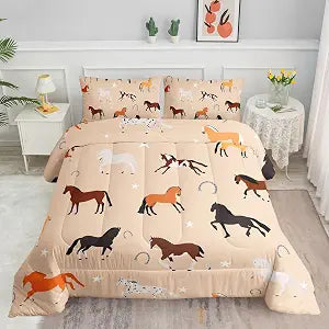 Datura home Horse Comforter Bedding Set for Kids Boys Girls Teens,Southwestern Farm Deal Horseshoe Cartoon Bedding Set with 1 Comforter and 2 Pillowcases(Horse Twin)