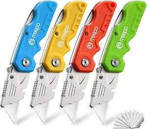M MEEPO 4-Pack Box Cutter, Colorful Folding Utility Knife w/ 10 pcs Blades