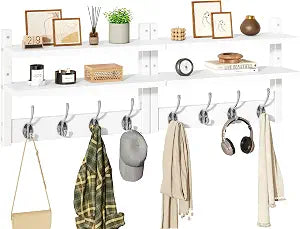 YMYNY Double Shelf Coat Rack Wall Mount with 8 Hooks, White HWS009W-2