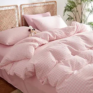 Nayoroom Cotton Gingham Duvet Cover Set Queen Pink White Plaid Bedding
