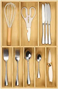 Fabsome Silverware Organizer for Kitchen Drawers, 2.5'' Deep 12.8'' Wide Bamboo Wood Flatware Tray with Deep Slots for Large Cutlery Utensil Drawer