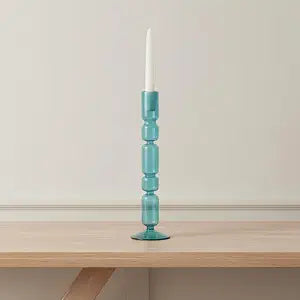 Glass Candle Holder Taper Candle Holders and Pillar Candle Stand for Table Decor, Dining Table, Mantel, or Console, Bubble Design Accent for Collected Home Decor 4"x 4"x 14", Blue