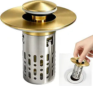 Bathroom Sink Stopper 3 in 1 Bathroom Sink Drain Strainer Universal Pop Up Sink Stopper with Removable Hair Catcher Anti-Clog Filter Basket Brass & Stainless Steel Brushed Gold 1 PC