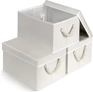 Set of 3 Fabric Bins for Organization - Foldable & Stackable With Lid & Rope Handles - Collapsible Fabric Storage Cubes Lightweight & Sturdy Bottom, Space Saving Collapsible Bin, Ivory