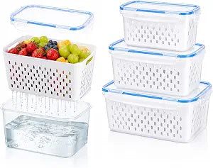 3 Pack Fruit Storage Containers for Fridge with Removable Colander and Lids
