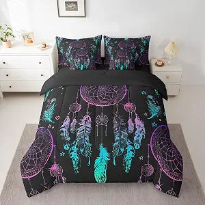 Erosebridal Dream Catcher Queen Comforter Set 7 Piece,Purple Teal Boho Feather Bed in A Bag with Sheet Set for Kids Adults Exotic Bohemian Mandala Floral Bedding Set Dreamcatcher Bed Set