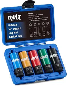 OMT 1/2" Drive Lug Nut Socket Set, Metric And SAE Wheel Socket Set, 5pc
