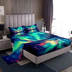 Natural Aurora Bed Sheets Set Dreamy Galaxy Arctic Aurora Flat Fitted Sheet Full Gradient Starry Sky Bed Set For Kids Adult Women Green Blue Tranquil Night Sky Bedding Sets With 2 Pillow Cases