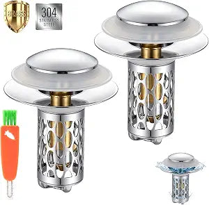 2PCS Pop Up Sink Drain Strainer,Sink Drain Stopper with Removable Stainless Steel Filter Basket,Universal Fit for US Bathroom Sinks, Bathtubs, Showers & Floor Drains