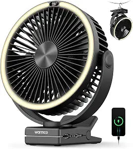Warmco 15000mAh Clip on Fan with LED Light for Camping and Golf Car