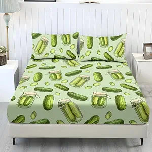 ZFRXIGN Pickle Bedding Sets Bed Sheet Queen Size Fresh Bedding Sheets Set of 3 Easy Fit Fitted Sheet with 2 Piece Pillow Sham Breathable Bedspread Home Decor Green