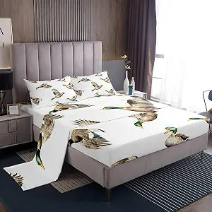Feelyou Mallard Duck Bed Sheets Set Hunting and Fishing Sheet Set Wild Animal Sheets with Deep Pocket Fitted Sheet for Boys Girls Kids Wildlife White Bedding Set Twin Size with 1 Pillow Case
