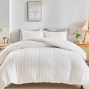 WARMDERN White Boho Duvet Cover Queen, Striped Textured Tufted Bedding Set