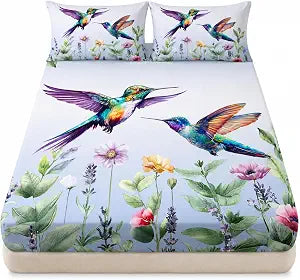 AILONEN Hummingbird Fitted Sheet Set Queen Size, Purple Flowers Hummingbird Print Bedding Set Gift for Kids,Girls,Lavender Garden Floral Bird Bed Sheet Set,1 Fitted Sheet 2 Pillowcases,3-Piece