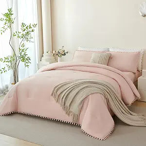 PERFEMET Peach Pink Comforter Set Full Size Girls Pom Pom Bedding 5 Pieces