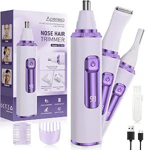 Nose Hair Trimmer for Women, 3-in-1 Painless & Gentle Trimmer for Nose, Eyebrows & Facial Hair, Type-C Rechargeable Precision Groomer with Double-Edged Blades, IPX7 Waterproof - Purple
