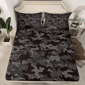 Army Camo Bedding Set, Black Camouflage Bed Sheets for Kids Boys Teens Adult Men, Military Camo Fitted Sheet Black Grey Lightweight Fitted Bed Sheets, 1 Fitted Sheet + 2 Pillow Cases, Full Size���