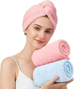 100% Cotton Hair Towel Wrap for Women, 2 Pack Super Absorbent Turbans | Thickened Anti Frizz Quick Dry Hair Towels (Blue, Pink Blush)