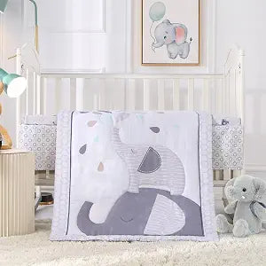 Crib Bedding Set for Boys, Premium 3 Piece Elephant Baby Crib Bedding Set, Baby Nursery Crib Comforter Set for Boys with Crib Comforter, Crib Skirt and Fitted Sheet, Gray