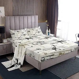 Castle Fairy Airplane Sheet Set,Kids Aircraft Sketch Bed Sheets Set,Retro Style Bedding Set for Boys Teens Sheets Soft Room Decor Twin Size(1 Flat Sheet+1 Fitted Sheet+1 Pillowcase)