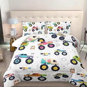 Nttopship Kids Comforter Set for Boys,Cartoon Monster Car 3 Pieces Bedding Set Twin,Colorful Off-Road Vehicle All Season Soft Microfiber Down Alternative with 2 Pillowcases