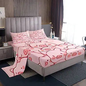 Erosebridal Kids Pig Queen Size Sheet Sets Lovely Cartoon Piggy Bed Sheets Set,Girls Pink Bed Set Kawaii Farm Animal Flat Sheet Girly Room Decorative,Microfiber 4 Piece for All Season