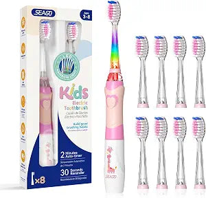 SEAGO Kids Electric Toothbrush, Timer,LED Light,Battery-Powered,8 Heads