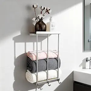 Towel Rack for Rolled Towels, 2-Tier Rolled or Folded Storage Shelves, Telescopic Stainless Steel Towel Holder with Shelf & 3 Hooks, Wall Mounted Bathroom Storage Cabinets for Modern Small Space Decor