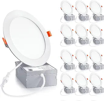 12 Pack 6 Inch Ultra-Thin LED Recessed Ceiling Light with Junction Box, 6000K Daylight White, 12W 110W Equivalent, Canless Wafer Slim Panel Downlight, 1050LM High Brightness