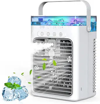 Portable Air Conditioners, 4 in 1 Mini AC Air Conditioner with 1000ml Water Tank, 3 Speeds, 2 Mist Modes, 2/4/8H Timer, Ambient Light, USB Evaporative Air Cooler Cooling Fan for Camping Room Bedroom