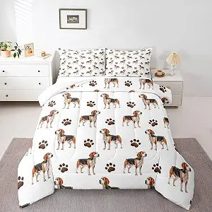 Castle Fairy Beagle Dog Comforter Set Cute Puppies Paw Print Bedding Set Cartoon Pets Bedding Home Decor White Brown Comforter Queen Size 3 Pieces Quilted Comforter with 2 Pillowcase