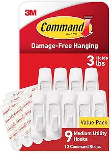 Command Medium White Hooks, 9 Hooks, 12 Strips