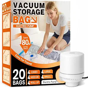 FUNFERY 20 Pack Vacuum Seal Bags for Clothing Travel,Vacuum Storage Bags with Pump,Compressing Packing Bag for Clothes,Blankets,Comforters,Home Storage,Space Saving Bag for Moving Supplies-Combo Set