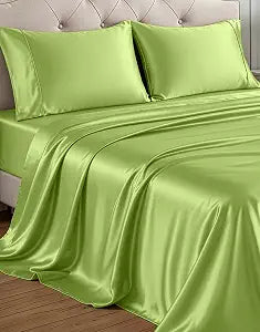 Casa Platino Twin Size Satin Sheets - Smooth Satin Sheets Twin, Cooling Fabric with 15 Inch Deep Pocket Sheet, Lightweight and Breathable, Makes for a Great Nights Sleep- Vibrant Lime Green