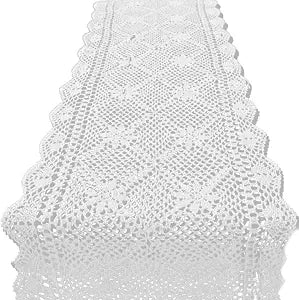 KEPSWET 14x72 inch White Cotton Crochet Rectangular Handmade Table Runner