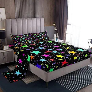 Erosebridal Kawaii Glitter Stars Sheet Set Rainbow Glowing Star Twin Sheets Psychedelic Space Cosmos Bed Sheets Colorful Neon Light Star Fitted Sheet Girls Cute Top Sheet 3pcs Cozy