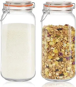 Glass Storage Jars with Airtight Lids - 2 Pack 67OZ/2L Food Containers Large Wide Mouth Kitchen Pantry Canisters Mason Jar for Flour Sugar Coffee Cookies Cereal Rice