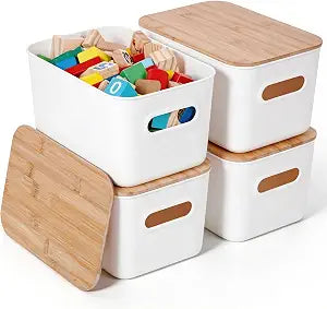 Citylife 7 QT Storage Bins with Bamboo Lids, Stackable with Handles, 4-Pack