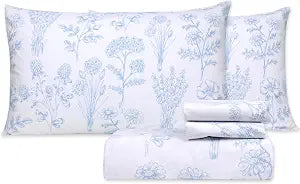Blue Floral Sheet Set Cotton Full White Spring Summer Flower Printing