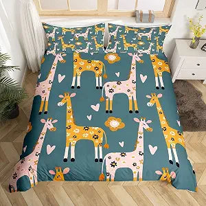Giraffe Comforter Cover Set Safari Wild Giraffe Print Duvet Cover Set for Kids Boys Girls Zoo Animal Lovely Floral Theme Bedding Set Wildlife Design Quilt Cover Bedroom Collection 3Pcs Queen Size
