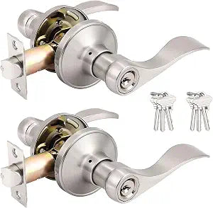 Probrico (2 Pack Wave Style Keyed Alike Entry Levers, Exterior Interior Satin Nickel Keyed Door Handles with Lock and Same Keys, Reversible for Right Left Handed Doors