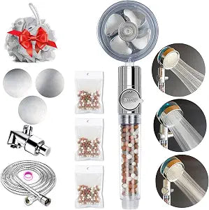Hydro Jet High Pressure Filtered Shower Head Handheld Turbo Fan Shower Kit with Replacement Hose/Bracket/Cotton Filters and Bath Loofah, 3 Water Panels for Different Experience
