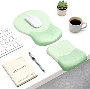 Ospelelf Mouse Pad with Wrist Rest Set Foam L-Shaped Desk Elbow Pad Ergonomic Desk Edge Cushion Anti-Slip Rubber Bottom Office Women Desk Accessories for Computer, Laptop and Gaming, Light Green