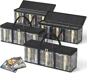 DVD Storage Bags, Media Organizer Bags for DVDs, CDs, Blu Ray Disc, Movie Cases, VHS Box, Video Game Disks, Albums, Books, Clear Plastic Holders with Carrying Handles (Black, 4Pack)