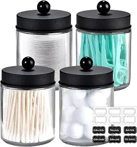 Amolliar Glass Apothecary Jar Qtip Holder Metal Lids 4pc/Black