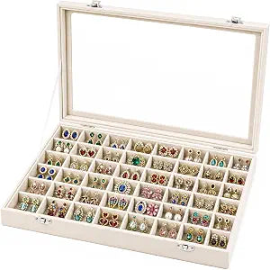 48 Grid Velvet Stud Earring Organizer Storage Tray with Clear Lid
