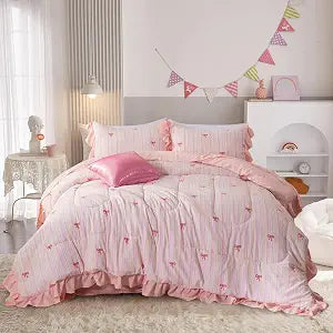 Aimuan Pink Bow Comforter Set 6 Piece, Cute Ribbon Bowknot Bedding Set, Princess Rainbow Comforter and Sheet Set Dreamy Lightweight Soft Bed Set for Girls (Pink Colorful, Full 6Pcs)