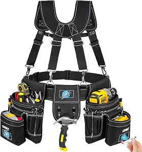Tool Belt with Suspenders,27-Pockets Heavy Duty Tool Belts for Men with Magnetic Tool Pouch,Detachable & Adjustable Work Belt Bag for Electrician,Carpenter,Construction,Utility Toolbelt,Black