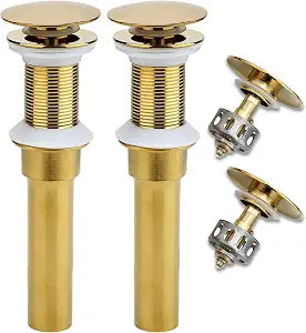 Rockgoya Bathroom Sink Drain, 2 Pack Gold Drain Stopper Bathroom Sink Without Overflow, Pop Up Drain Assembly with Detachable Strainer Basket, Built-in Anti-Clogging Strainer,Stainless Steel